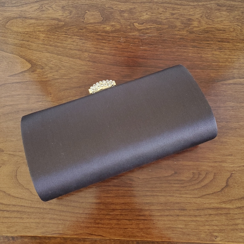 Lord & Taylor BROWN SATIN CLUTCH/CROSSBODY WITH JEWEL CLOSURE